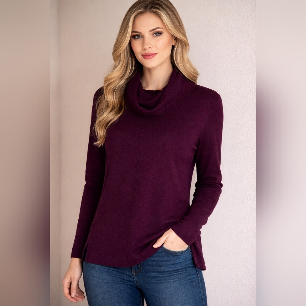 Rachel Zoe 100% Extra Fine Merino Wool Deep Plum Cowl Neck  Sweater Size M